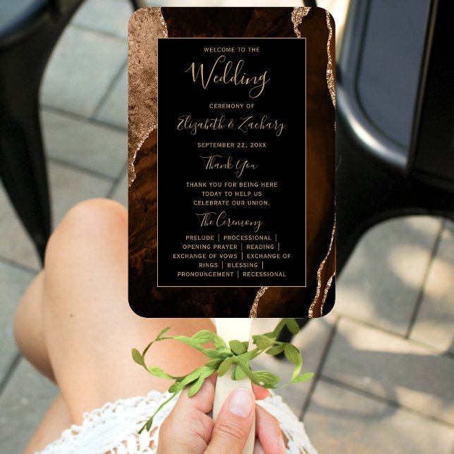 Mocha Brown Gold Agate Black Wedding Program Hand Fan (Creator Uploaded)