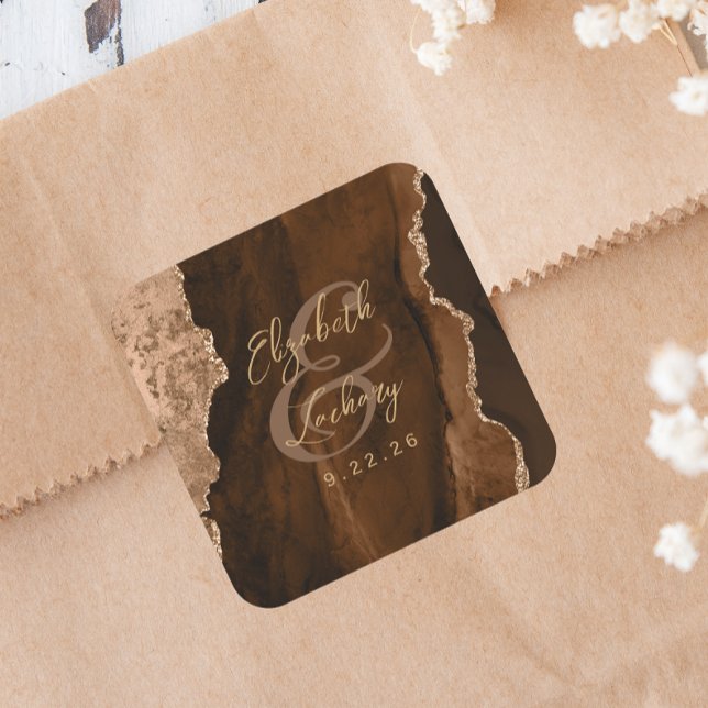 Mocha Brown Gold Agate Script Wedding Square Sticker (Creator Uploaded)