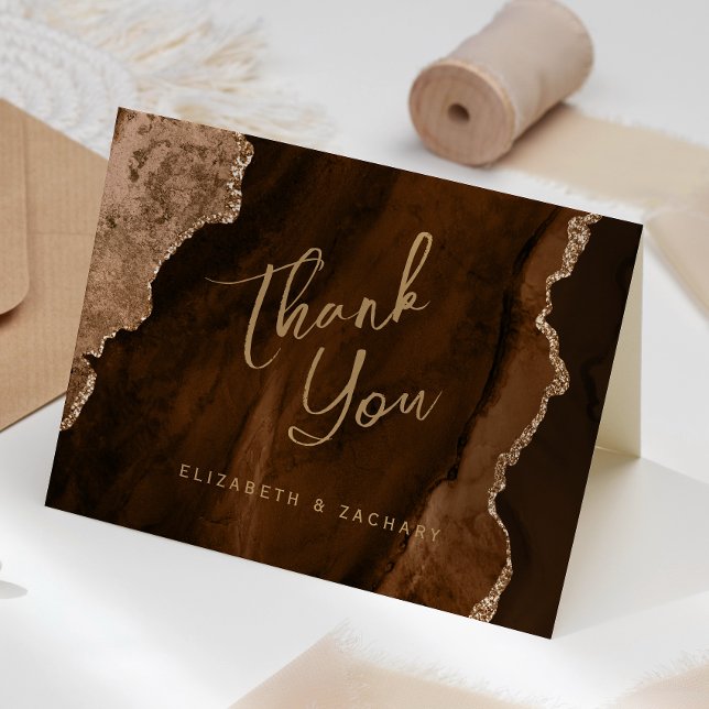 Mocha Brown Gold Agate Script Wedding Thank You Card (Creator Uploaded)