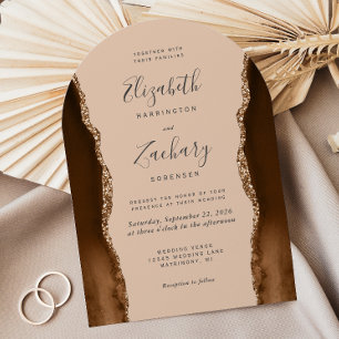 Mocha Brown Gold Agate Tan Arch Shape Wedding Invitation