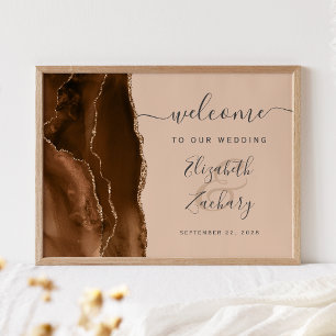 Mocha Brown Gold Agate Tan Wedding Welcome Poster