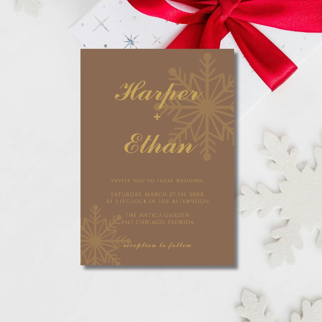 Mocha Brown & Gold Minimalist Snowflake Wedding Invitation (Creator Uploaded)