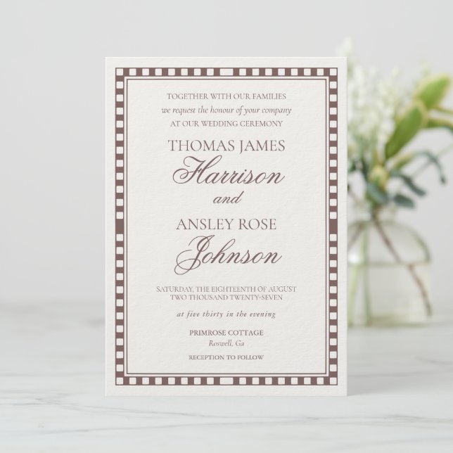 Mocha Brown Harlequin Checkered Wedding Invitation (Standing Front)