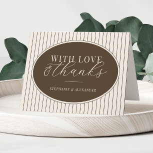 Mocha Brown & Ivory Stripes Oval Old Money Wedding Thank You Card