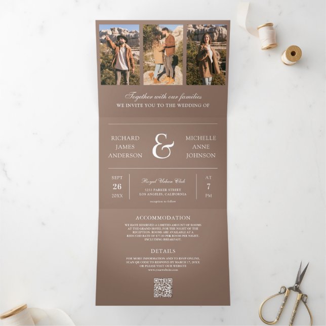 Mocha Brown Minimal Photo Collage QR Code Wedding Tri-Fold Invitation (Inside)