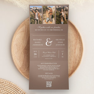 Mocha Brown Minimal Photo Collage QR Code Wedding Tri-Fold Invitation