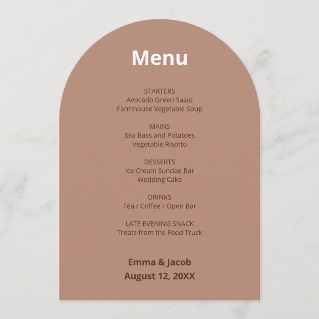 Mocha Brown Modern Wedding Menu Card (Front)