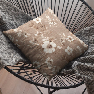 Mocha Brown Mousse White Floral Linen Look Cushion