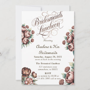 Mocha Brown Painted Peony Bridesmaids Luncheon Invitation