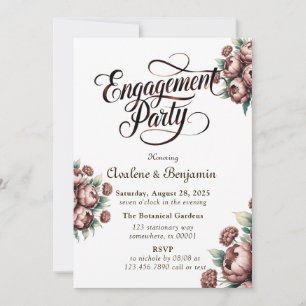 Mocha Brown Painted Peony Engagement Party Invitation