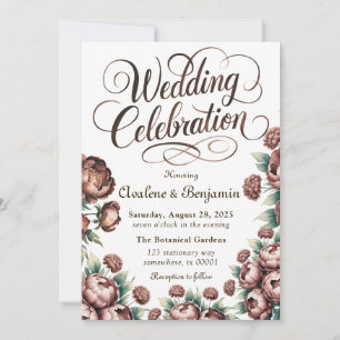 Mocha Brown Painted Peony Wedding Celebration Invitation