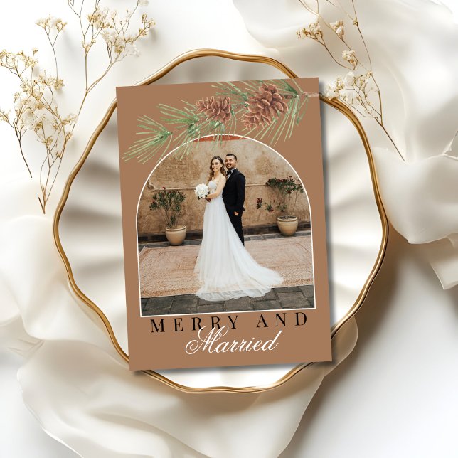 Mocha Brown Pine Merry & Married Photo Christmas Holiday Card (Creator Uploaded)