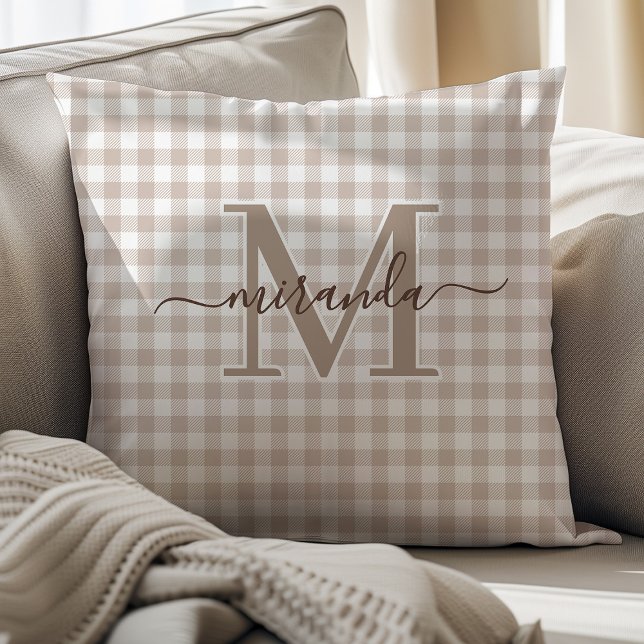 Mocha Brown Plaid Throw Pillow with Monogram (Creator Uploaded)