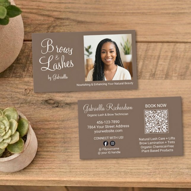 Mocha Brown Script Photo QR Code Brows and Lashes Business Card (Creator Uploaded)