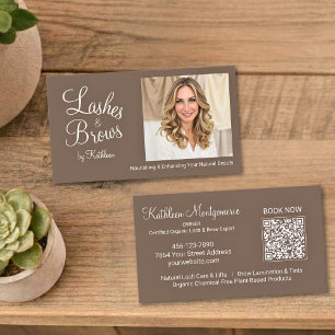 Mocha Brown Script Photo QR Code Lashes and Brows Business Card