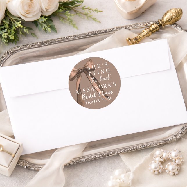 Mocha Brown She's Tying The Knot Bow Bridal Shower Classic Round Sticker (Creator Uploaded)