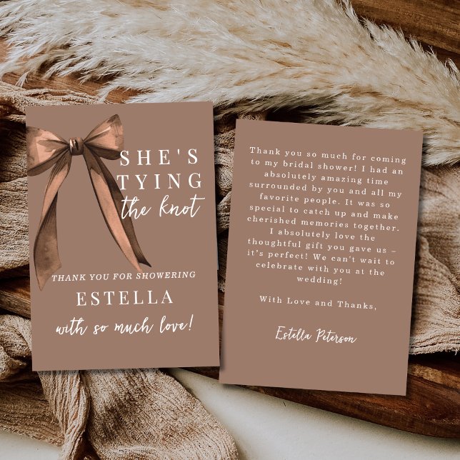 Mocha Brown She's Tying The Knot Bow Bridal Shower Thank You Card (Creator Uploaded)