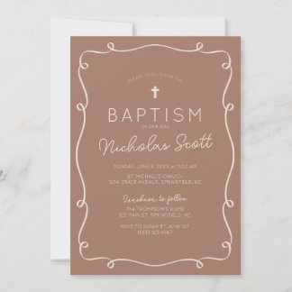 Mocha Brown Squiggle Baptism Invitation