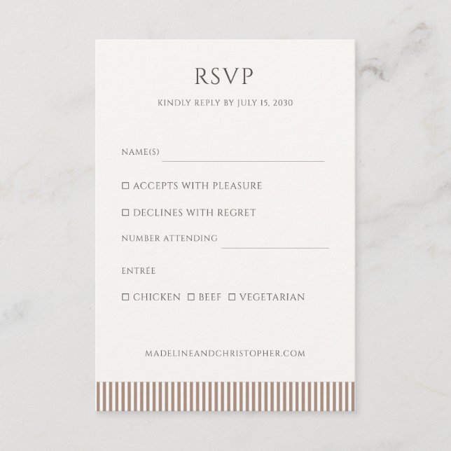 Mocha Brown Stripe Minimalist Wedding RSVP Enclosure Card (Front)