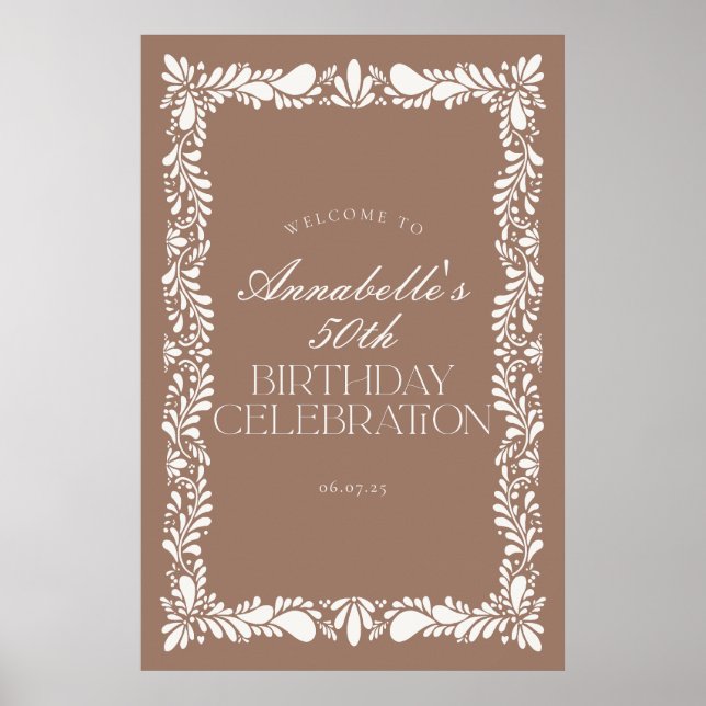 Mocha Brown Talavera Fiesta Birthday Party Welcome Poster (Front)