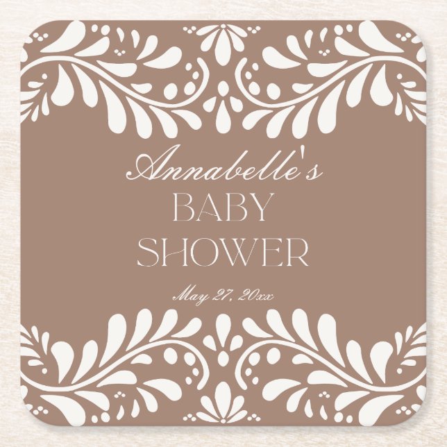 Mocha Brown Talavera Spanish Fiesta Baby Shower Square Paper Coaster (Front)