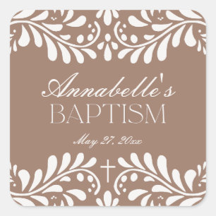 Mocha Brown Talavera Spanish Fiesta Baptism Favor Square Sticker