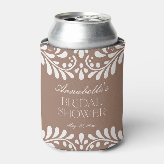 Mocha Brown Talavera Spanish Fiesta Bridal Shower Can Cooler (Can Front)
