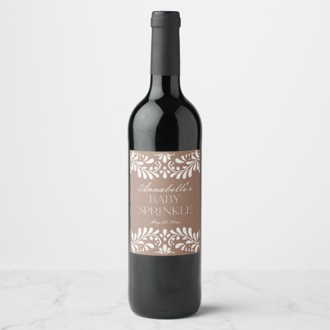 Mocha Brown Talavera Tile Fiesta Baby Sprinkle Wine Label (Front)