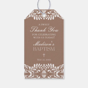 Mocha Brown Talavera Tile Fiesta Baptism Favors Gift Tags