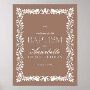 Mocha Brown Talavera Tile Fiesta Baptism Welcome Poster