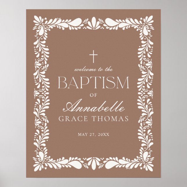 Mocha Brown Talavera Tile Fiesta Baptism Welcome Poster (Front)