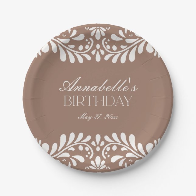 Mocha Brown Talavera Tile Fiesta Birthday Paper Plate (Front)