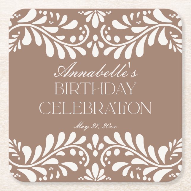 Mocha Brown Talavera Tile Fiesta Birthday Party Square Paper Coaster (Front)