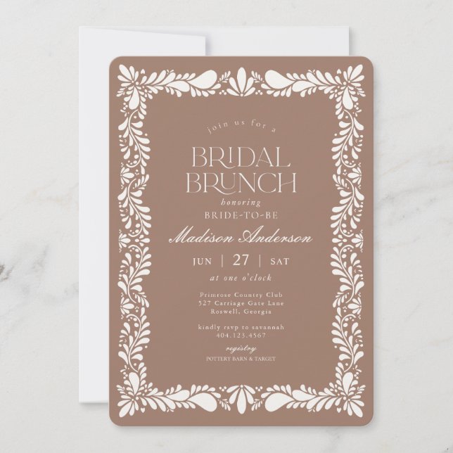 Mocha Brown Talavera Tile Fiesta Bridal Brunch Invitation (Front)