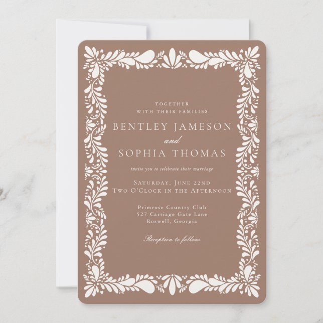 Mocha Brown Talavera Tile Fiesta Wedding Invitation (Front)