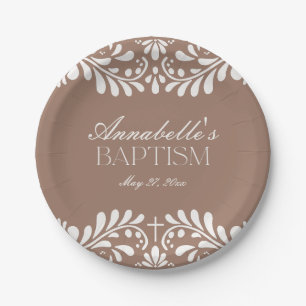 Mocha Brown Talavera Tile Spanish Fiesta Baptism Paper Plate
