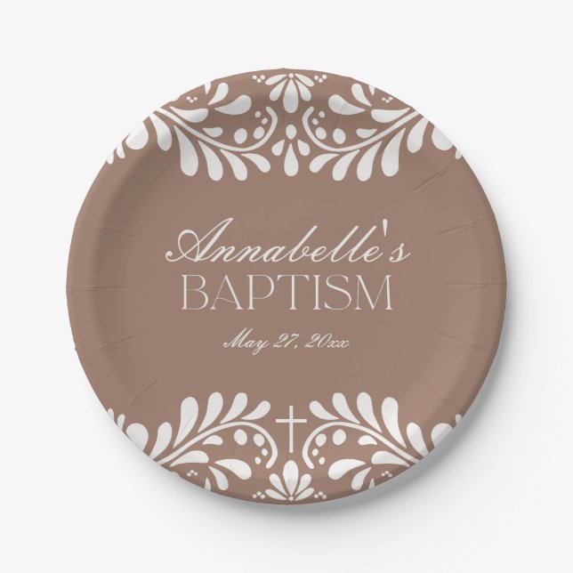 Mocha Brown Talavera Tile Spanish Fiesta Baptism Paper Plate (Front)