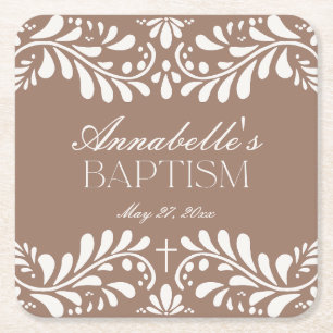 Mocha Brown Talavera Tile Spanish Fiesta Baptism Square Paper Coaster