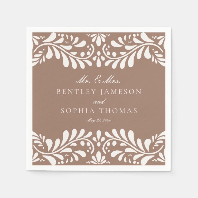 Mocha Brown Talavera Tile Spanish Fiesta Wedding Napkin (Front)