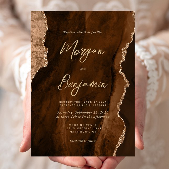 Mocha Brown Watercolor Agate Gold Script Wedding Invitation (Creator Uploaded)