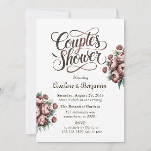 Mocha Brown Watercolor Peonies Couples Shower Invitation