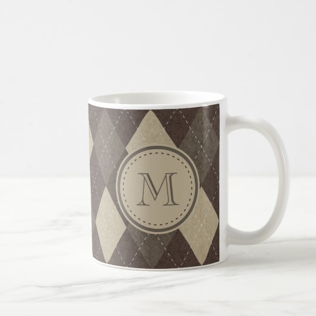 Mocha Chocca Brown Argyle Pattern with Monogram Coffee Mug (Right)