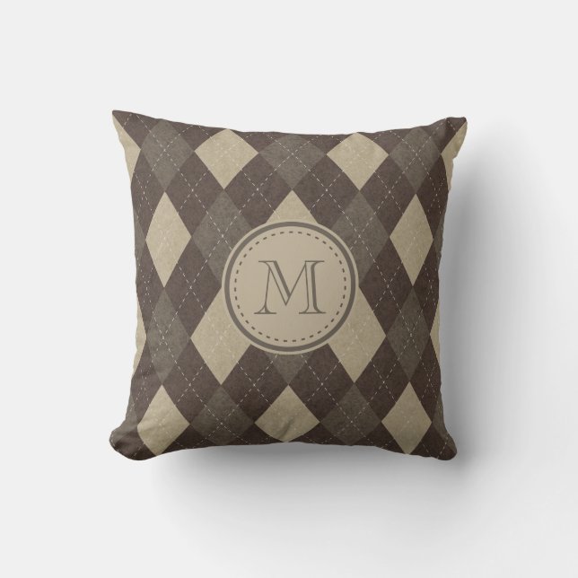 Mocha Chocca Brown Argyle Pattern with Monogram Cushion (Front)