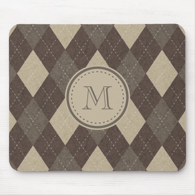 Mocha Chocca Brown Argyle Plaid with Monogram Mouse Mat (Front)