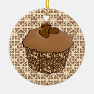 Mocha / Coffee Frosted Cupcake, Lace Background Ceramic Tree Decoration