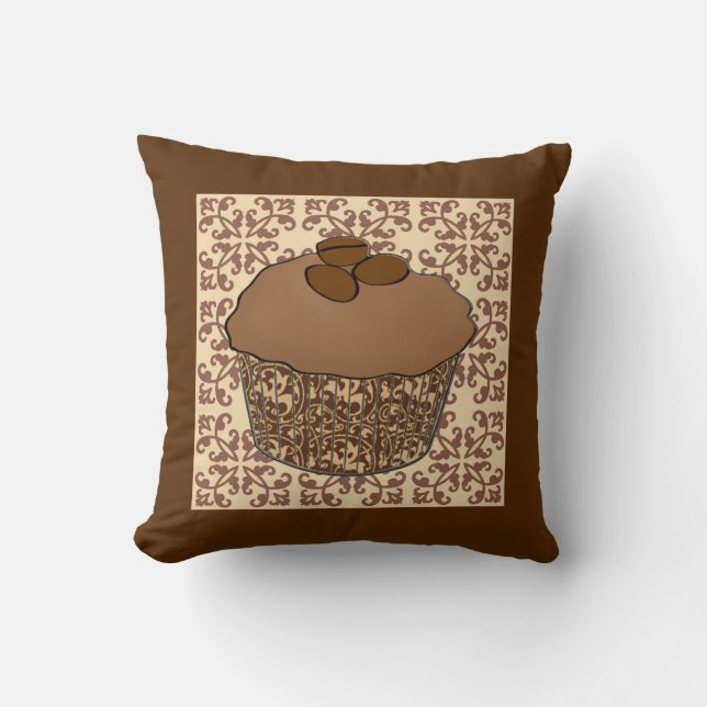 Mocha / Coffee Frosted Cupcake, Lace Background Cushion (Front)