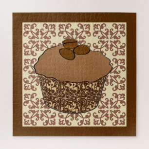 Mocha / Coffee Frosted Cupcake, Lace Background Jigsaw Puzzle