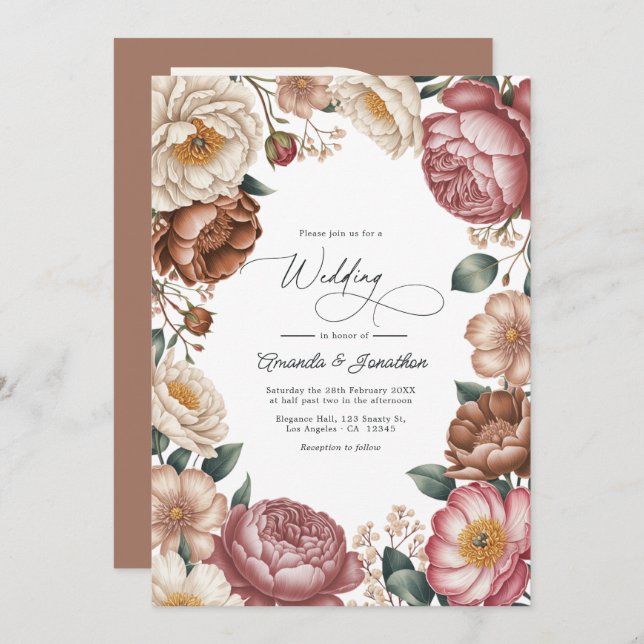 Mocha, Cream & Dusty Rose Floral Wedding QR Code Invitation (Front/Back)