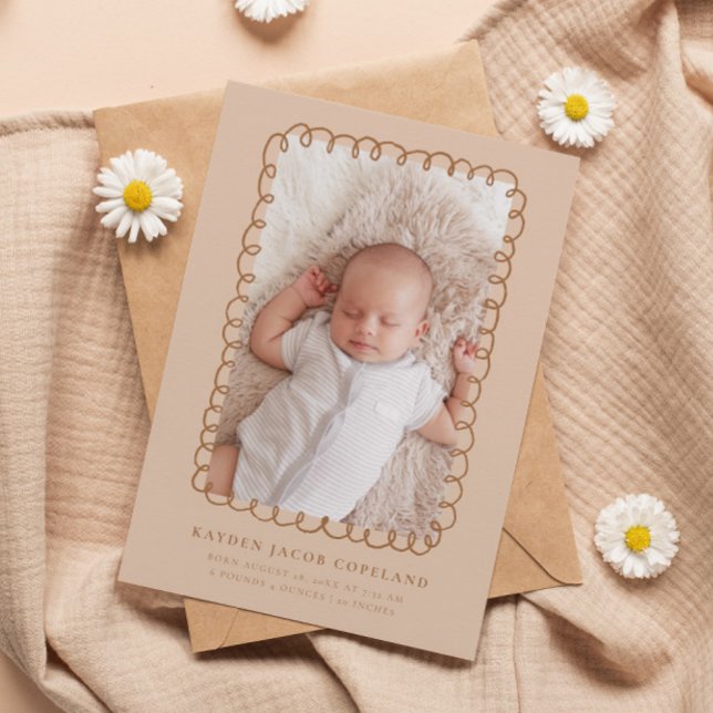 Mocha Doodle Frame Birth Announcement Photo (Creator Uploaded)