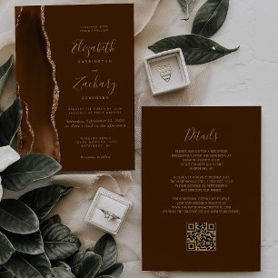 Mocha Gold Agate Brown QR Code Wedding Invitation